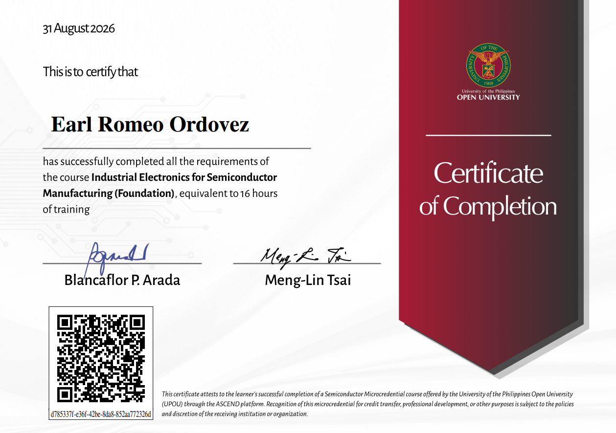 Certificate: Industrial Electronics for Semiconductor Manufacturing (Foundation) issued by University of the Philippines Open University