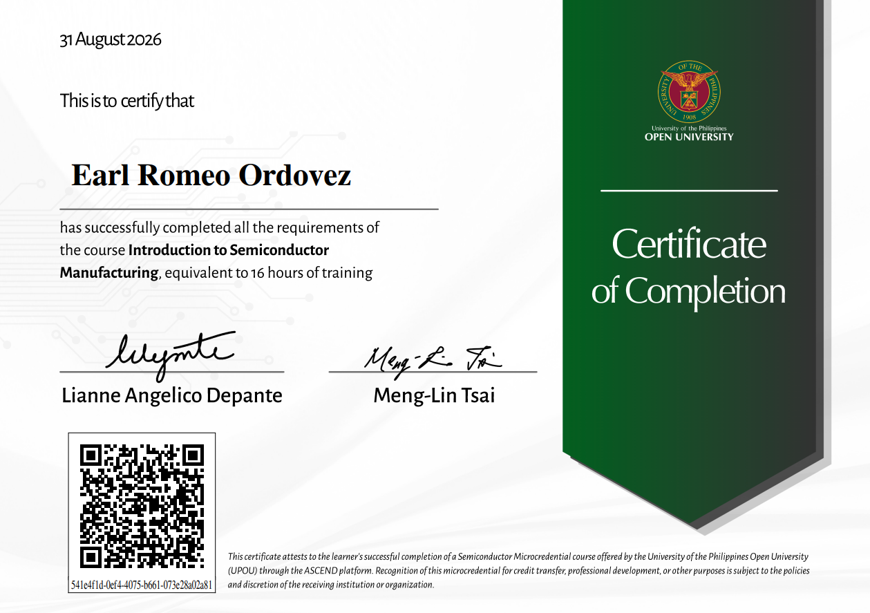 Certificate: Introduction to Semiconductor Manufacturing issued by University of the Philippines Open University