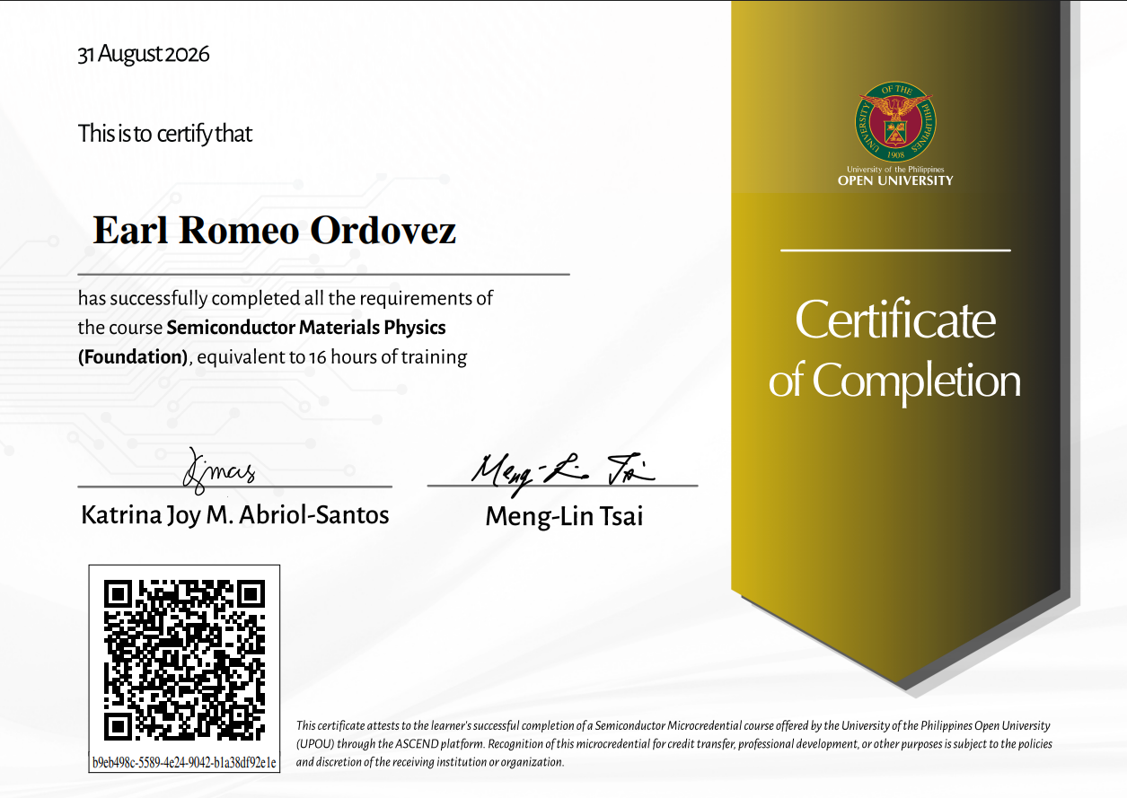 Certificate: Semiconductor Materials Physics (Foundation) issued by University of the Philippines Open University