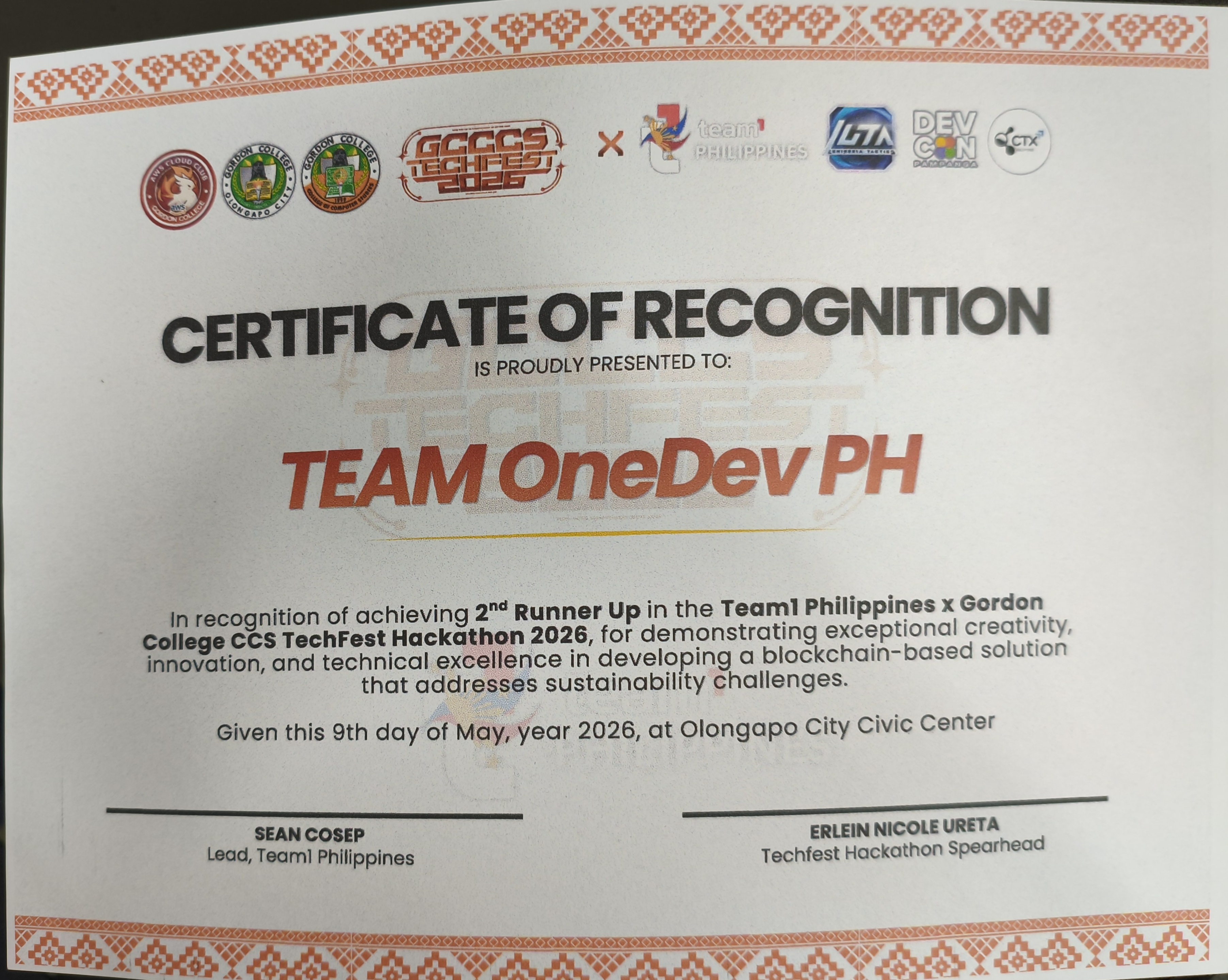 Certificate: 2nd Runner Up — CCS TechFest Hackathon 2026 issued by Team1 Philippines x Gordon College CCS
