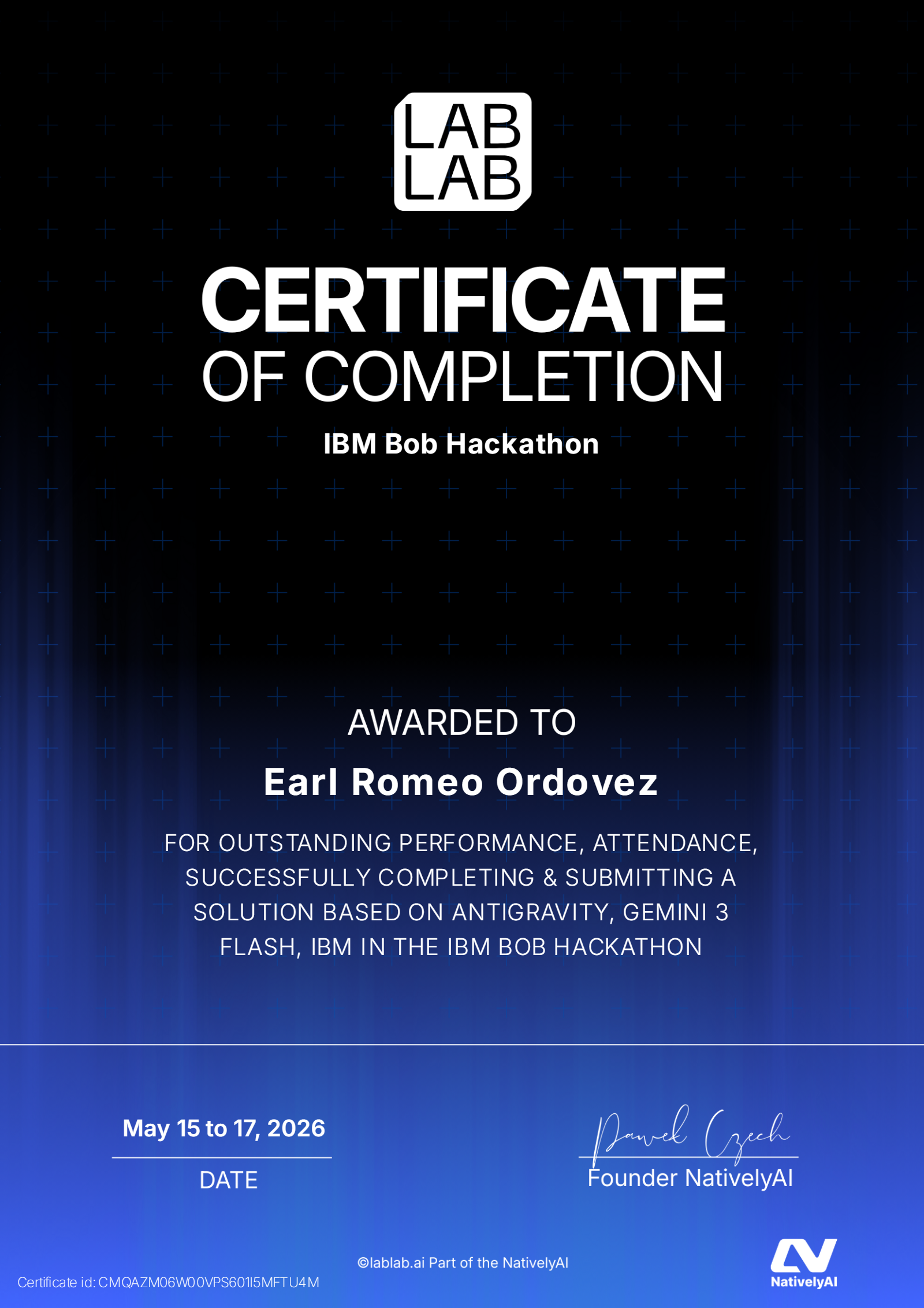 Certificate: IBM Bob Hackathon — Outstanding Performance issued by lablab.ai (NativelyAI)