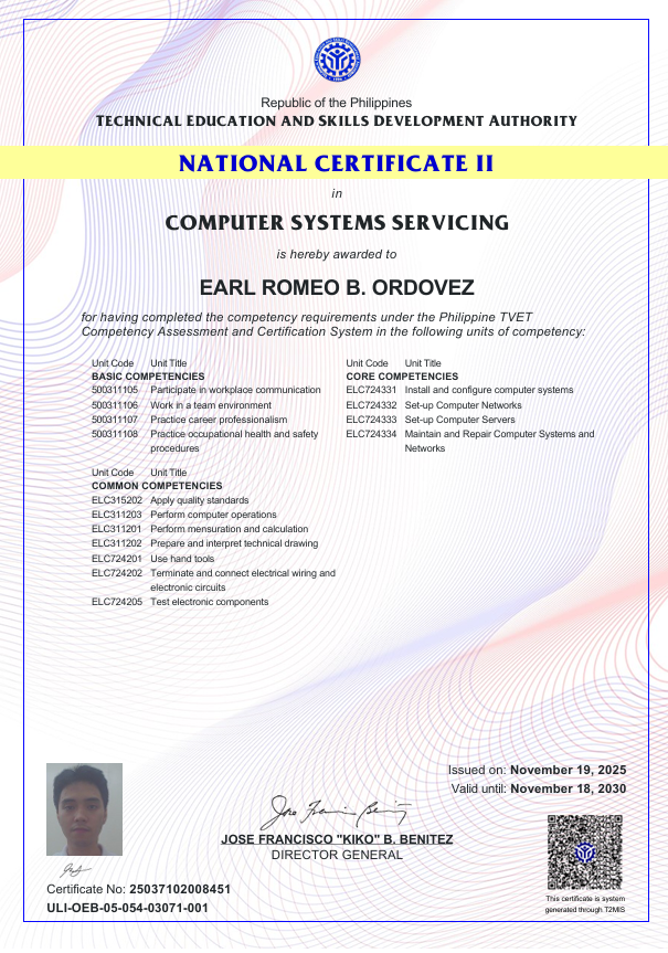 Certificate: Computer Systems Servicing NC II issued by TESDA (Republic of the Philippines)