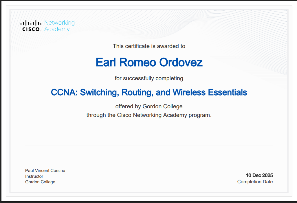 Certificate: CCNA: Switching, Routing & Wireless Essentials issued by Cisco Networking Academy