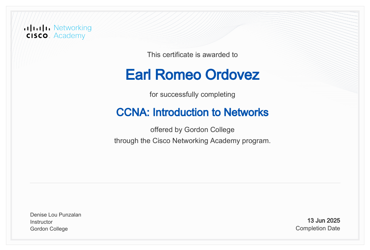 Certificate: Introduction to Cybersecurity issued by Cisco Networking Academy